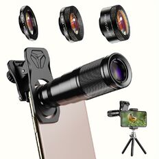 Teleobiektyw Apexel 4w1 z tripodem do smartfona ∙ zoom 22x optyczny ∙ makro 25x 1-3 cm ∙ rybie oko 205° ∙ szybki montaż klipsem