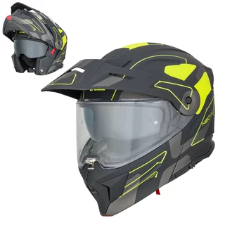 Kask motocyklowy szczękowy 3w1 W-TEC Neovu Graphic ∙ blenda przeciwsłoneczna ∙ demontowalny daszek - Czarny-fluo