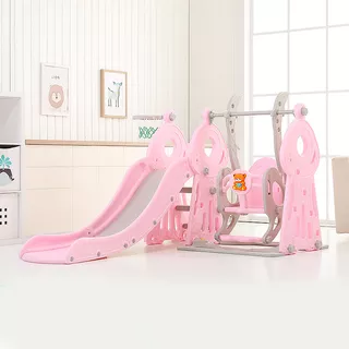 Zjeżdżalnia multifunkcyjna inSPORTline Swingslide 4w1 ∙ z huśtawką i koszem ∙ miś z muzyką ∙ regulowana wysokość ∙ max 40 kg ∙ HDPE ∙ bezpieczna - Różowy