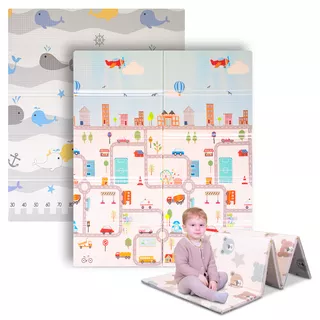Składana mata dla dziecka inSPORTline Michlino 180x160x1,2 cm ∙ z motywem ∙ pianka XPE ∙ antypoślizgowa ∙ certyfikat EN 71 ∙ torba w zestawie - Miasto/Wieloryby
