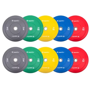 Zestaw 10 obciążeń olimpijskich inSPORTline Bumper Plate Go 2x 5-25 kg 50 mm ∙ stalowy rdzeń ∙ powłoka amortyzująca ∙ 150 kg