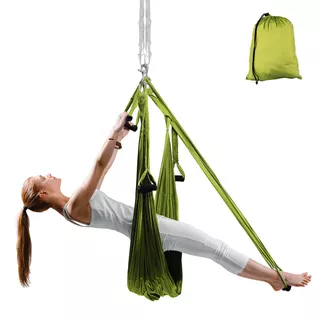 Hamak antygrawitacyjny do jogi inSPORTline Hemmok 280×150 cm ∙ karabińczyki ∙ 6 uchwytów ∙ wytrzymały ∙ 200 kg - Zielony