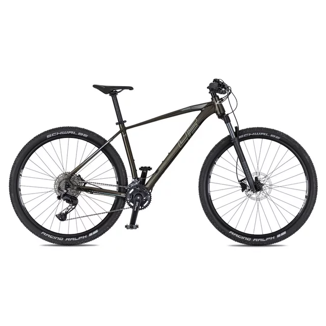 Rower górski 4EVER Firetrack 29'' ∙ waga 12,9 kg ∙ 22 biegi Shimano CUES ∙ hamulce hydrauliczne ∙ widelec RockShox z blokadą - ciemne złoto / żelazo - perłowo-czarny / hologram