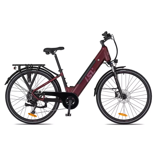 Miejski rower elektryczny inSPORTline ISL Eclion 648 Wh 28" - model 2026 ∙ bateria 648 Wh ∙ zasięg do 120 km ∙ amortyzowany widelec ∙ nośność 120 kg - Żółty promień słońca - Aksamitna czerwień