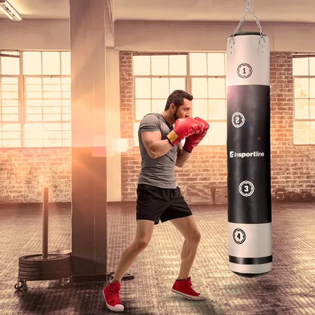 Worek bokserski treningowy inSPORTline Robkin 180x35cm ∙ waga 50 kg ∙ skóra syntetyczna ∙ z łańcuchami - Czarno-biały