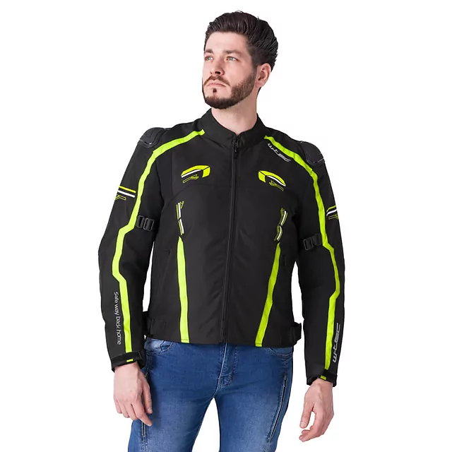 Męska kurtka motocyklowa W-TEC Tonkawo ∙ wypinana podpinka ∙ ochraniacze CE ∙ slidery karbonowe ∙ garb aerodynamiczny ∙ wodoodporna - Czarny-fluo