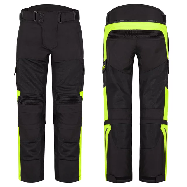 Regulowane dziecięce spodnie motocyklowe W-TEC Pinapoco ∙ ochraniacze kolan EN 1621-1 ∙ wentylacja mesh∙ odblaski ∙ zamek do kurtki - Czarny-fluo - Czarny-fluo