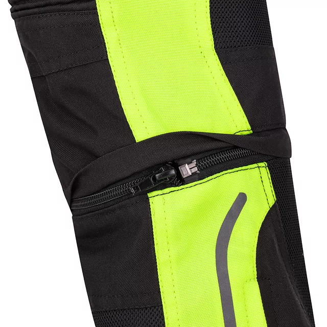 Regulowane dziecięce spodnie motocyklowe W-TEC Pinapoco ∙ ochraniacze kolan EN 1621-1 ∙ wentylacja mesh∙ odblaski ∙ zamek do kurtki - Czarny-fluo