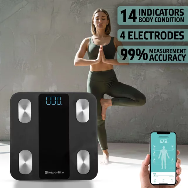 Inteligentna waga łazienkowa inSPORTline Syncale 20 ∙ smart ∙ 14 wartości ciała ∙ bluetooth ∙ fitdays ∙ nośność 180 kg ∙ szkło hartowane - Czarny
