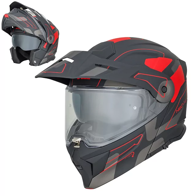 Kask motocyklowy szczękowy 3w1 W-TEC Neovu Graphic ∙ blenda przeciwsłoneczna ∙ demontowalny daszek - Czarny-fluo - Czarno-czerwony