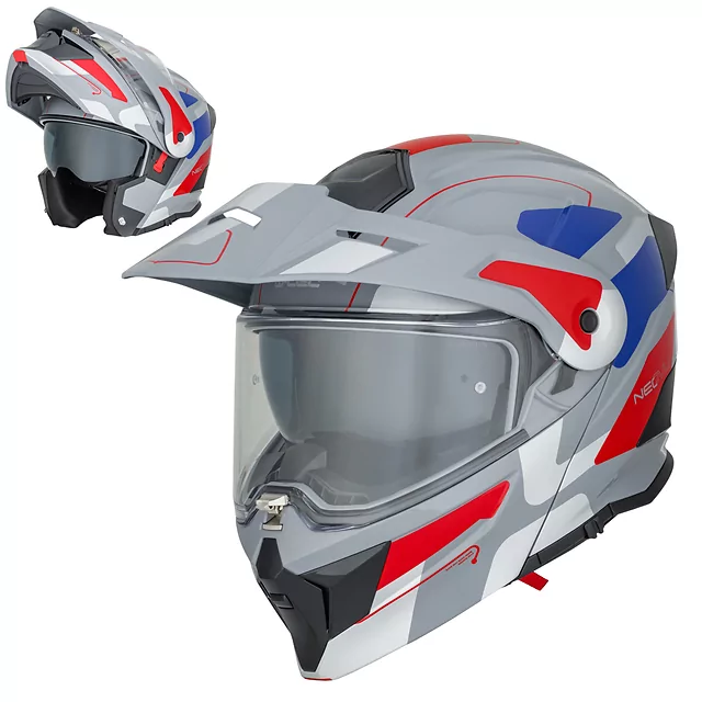 Kask motocyklowy szczękowy 3w1 W-TEC Neovu Graphic ∙ blenda przeciwsłoneczna ∙ demontowalny daszek - Czarny-fluo - szaro-czerwono-niebieski