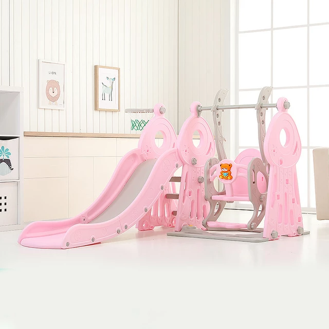 Zjeżdżalnia multifunkcyjna inSPORTline Swingslide 4w1 ∙ z huśtawką i koszem ∙ miś z muzyką ∙ regulowana wysokość ∙ max 40 kg ∙ HDPE ∙ bezpieczna - Różowy