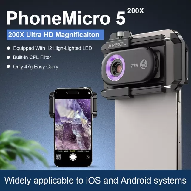 Obiektyw mikroskopowy Apexel 200x ∙ supermakro do telefonów ∙ 12 diod LED ∙ światło UV ∙ kompatybilny z iOS/Android ∙ klips uniwersalny