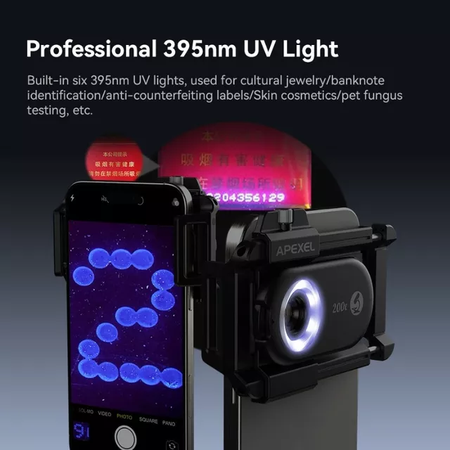 Obiektyw mikroskopowy Apexel 200x ∙ supermakro do telefonów ∙ 12 diod LED ∙ światło UV ∙ kompatybilny z iOS/Android ∙ klips uniwersalny