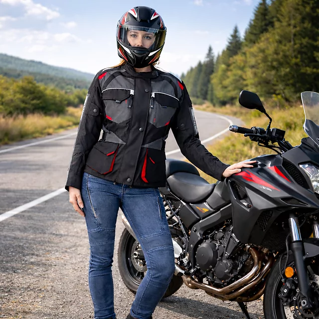 Damska kurtka motocyklowa W-TEC Radana ∙ trójwarstwowa ∙ membrana wodoodporna ∙ podpinka ocieplająca ∙ ochraniacze CE ∙ AirVent - Czarno-szaro-czerwony