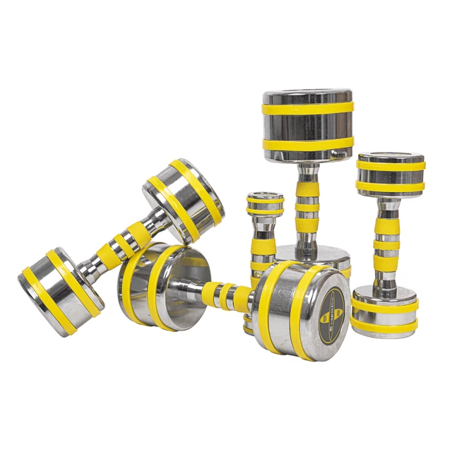 Hantle jednoręczne chromowane inSPORTline Yellsteel 5-14 kg ∙ z metalu chromowanego ∙ ochrona TPR ∙ antypoślizgowy chwyt