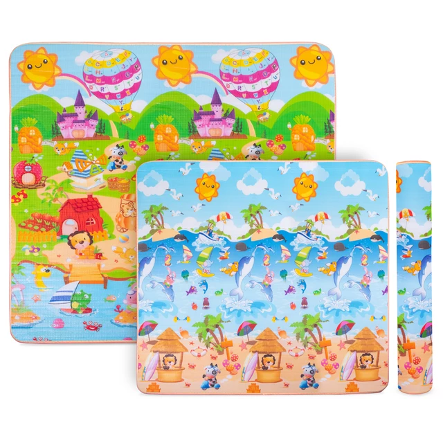 Zwijana mata dziecięca inSPORTline Lhotino 200x180x1,5 cm ∙ dwustronna ∙ pianka EPE ∙ antypoślizgowa ∙ z motywem ∙ bezpieczna EN 71 - Puzzle/Morze - Plaża/Gospodarstwo rolne