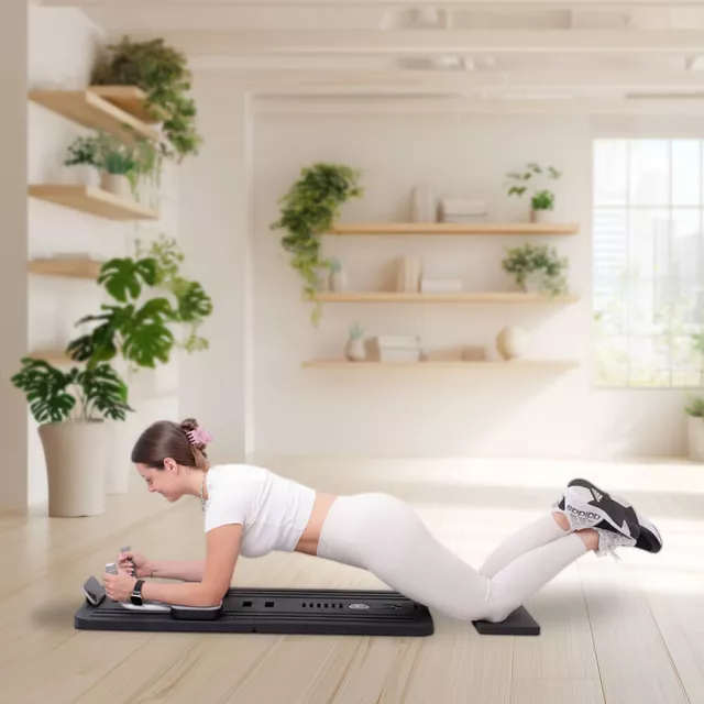 Reformer do pilatesu inSPORTline Trancer Basic ∙ antypoślizgowa deska ∙ składana konstrukcja ∙ stacja na telefon - Czarny