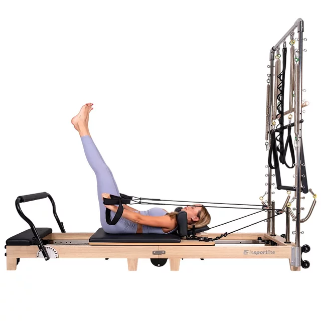 Reformer do pilatesu inSPORTline Driftaler ∙ nośność 120 kg ∙ rama dębowa ∙ składana ∙ z boxem w zestawie