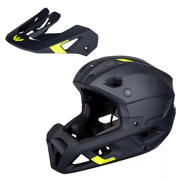 Kask downhillowy full face W-TEC Calheto ∙ odpinany regulowany daszek ∙ wentylacja 16 otworów ∙ wyjmowana wyściółka - Black Neon