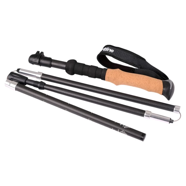 Kijki trekkingowe karbonowe inSPORTline Caretera ∙ 5-sekcyjne ∙ ultralekkie 255 g ∙ wys. 115-135 cm ∙ uchwyt korkowy ∙ wymienne końcówki ∙ pokrowiec