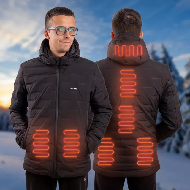Męska kurtka ogrzewana W-TEC HEATborg ∙ 7 stref grzania ∙ 3 tryby temp. do 65°C ∙ włókno węglowe ∙ zasilanie USB ∙ wodoodporna - Czarny