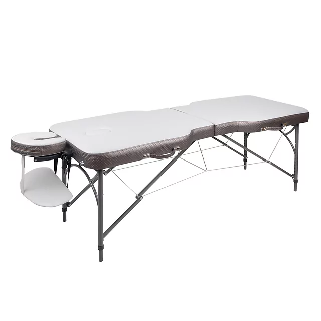Stół do masażu inSPORTline Kiyora ∙ 2-częściowy ∙ nośność 250 kg ∙ waga 16 kg ∙ rama aluminiowa ∙ miękka pianka - Biały szary