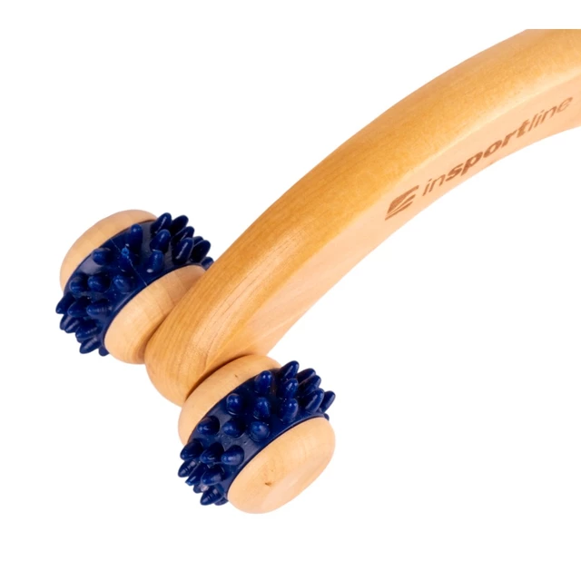 Drewniany masażer całego ciała inSPORTline Kerung ∙ 4 rolki z wypustkami ∙ długość 16 cm ∙ drewno wiśniowe - Niebieski