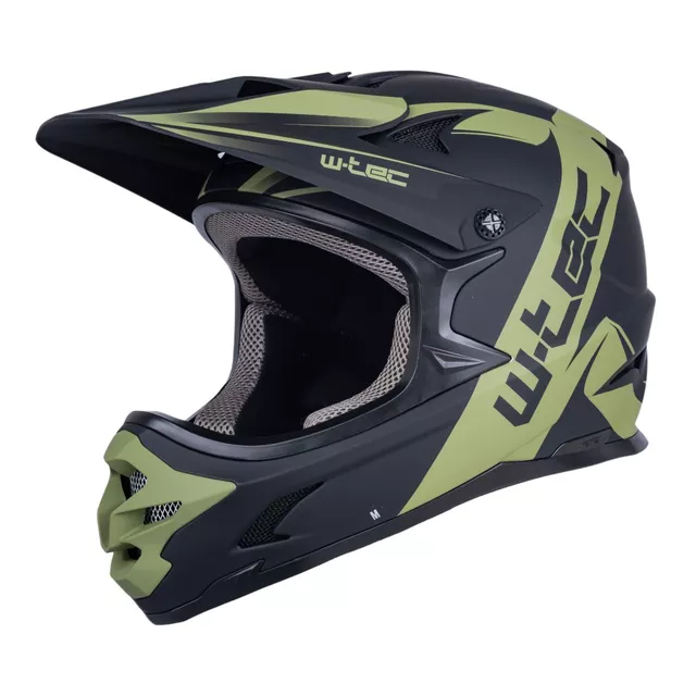 Kask downhillowy W-TEC Richpike ∙ full face ∙ 14 otworów wentylacyjnych ∙ regulowany daszek ∙ skorupa ABS ∙ lekki ∙ podwójne zapięcie - Różowa etykieta na czarnym - Moss Forest