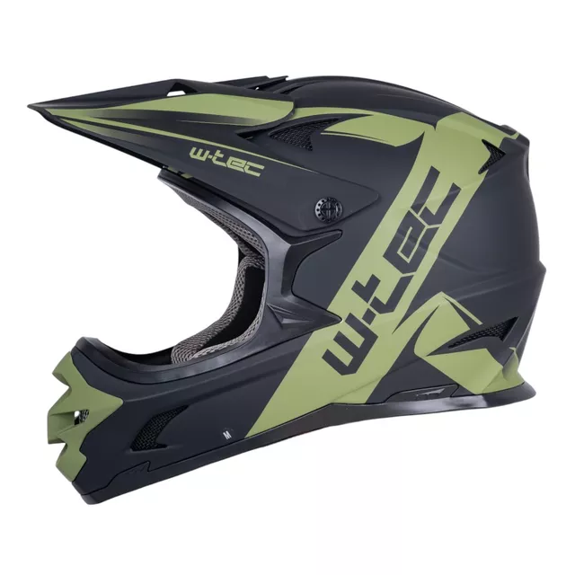 Kask downhillowy W-TEC Richpike ∙ full face ∙ 14 otworów wentylacyjnych ∙ regulowany daszek ∙ skorupa ABS ∙ lekki ∙ podwójne zapięcie - Różowa etykieta na czarnym