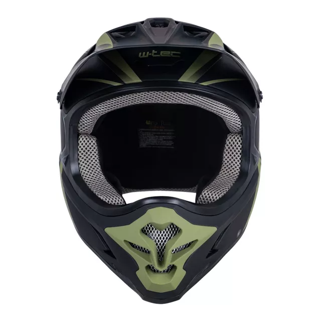 Kask downhillowy W-TEC Richpike ∙ full face ∙ 14 otworów wentylacyjnych ∙ regulowany daszek ∙ skorupa ABS ∙ lekki ∙ podwójne zapięcie - Różowa etykieta na czarnym