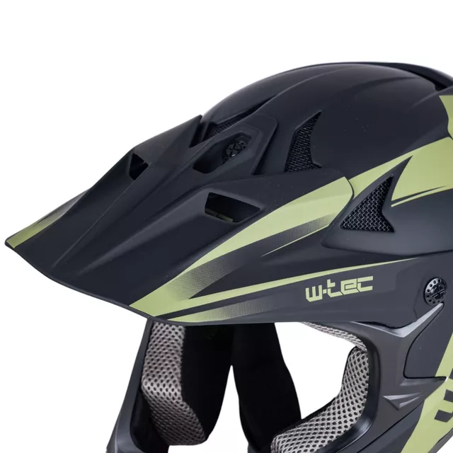 Kask downhillowy W-TEC Richpike ∙ full face ∙ 14 otworów wentylacyjnych ∙ regulowany daszek ∙ skorupa ABS ∙ lekki ∙ podwójne zapięcie - Różowa etykieta na czarnym
