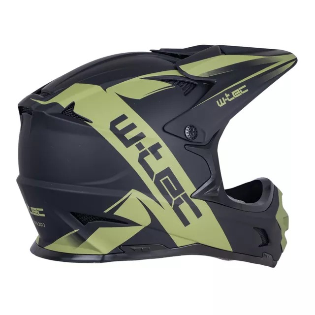 Kask downhillowy W-TEC Richpike ∙ full face ∙ 14 otworów wentylacyjnych ∙ regulowany daszek ∙ skorupa ABS ∙ lekki ∙ podwójne zapięcie - Różowa etykieta na czarnym