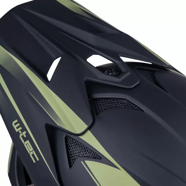 Kask downhillowy W-TEC Richpike ∙ full face ∙ 14 otworów wentylacyjnych ∙ regulowany daszek ∙ skorupa ABS ∙ lekki ∙ podwójne zapięcie - Różowa etykieta na czarnym