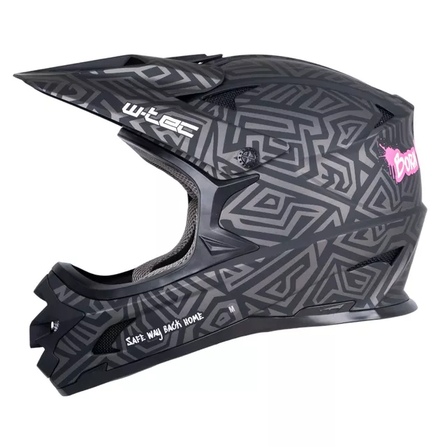 Kask downhillowy W-TEC Richpike ∙ full face ∙ 14 otworów wentylacyjnych ∙ regulowany daszek ∙ skorupa ABS ∙ lekki ∙ podwójne zapięcie - Różowa etykieta na czarnym