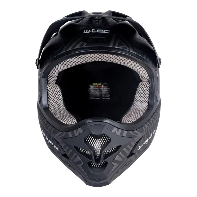 Kask downhillowy W-TEC Richpike ∙ full face ∙ 14 otworów wentylacyjnych ∙ regulowany daszek ∙ skorupa ABS ∙ lekki ∙ podwójne zapięcie - Różowa etykieta na czarnym