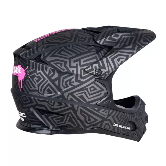Kask downhillowy W-TEC Richpike ∙ full face ∙ 14 otworów wentylacyjnych ∙ regulowany daszek ∙ skorupa ABS ∙ lekki ∙ podwójne zapięcie - Różowa etykieta na czarnym