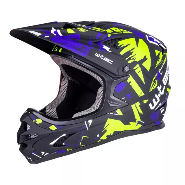 Kask downhillowy W-TEC Richpike ∙ full face ∙ 14 otworów wentylacyjnych ∙ regulowany daszek ∙ skorupa ABS ∙ lekki ∙ podwójne zapięcie - Różowa etykieta na czarnym - Green & Blue Madness