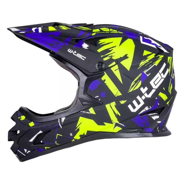 Kask downhillowy W-TEC Richpike ∙ full face ∙ 14 otworów wentylacyjnych ∙ regulowany daszek ∙ skorupa ABS ∙ lekki ∙ podwójne zapięcie - Różowa etykieta na czarnym