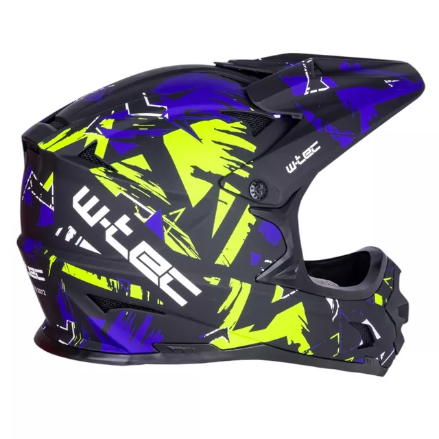 Kask downhillowy W-TEC Richpike ∙ full face ∙ 14 otworów wentylacyjnych ∙ regulowany daszek ∙ skorupa ABS ∙ lekki ∙ podwójne zapięcie - Różowa etykieta na czarnym