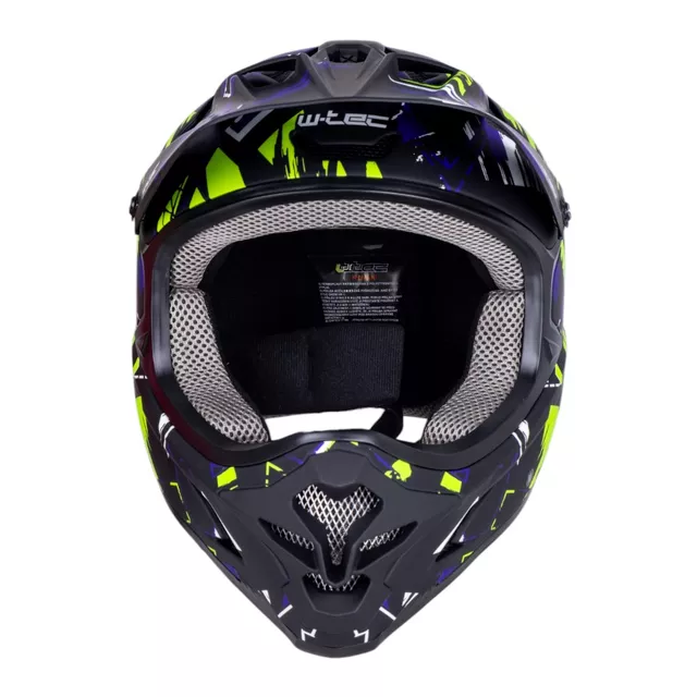 Kask downhillowy W-TEC Richpike ∙ full face ∙ 14 otworów wentylacyjnych ∙ regulowany daszek ∙ skorupa ABS ∙ lekki ∙ podwójne zapięcie - Różowa etykieta na czarnym