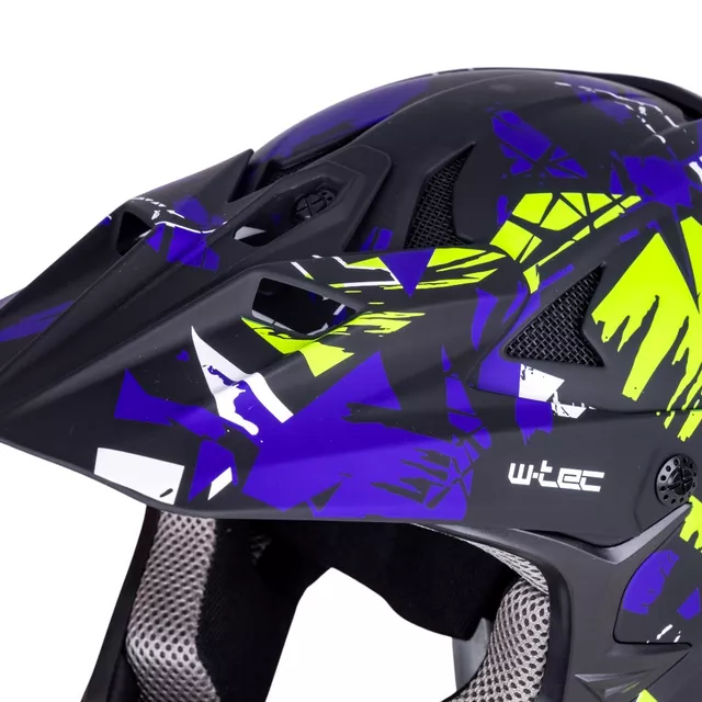 Kask downhillowy W-TEC Richpike ∙ full face ∙ 14 otworów wentylacyjnych ∙ regulowany daszek ∙ skorupa ABS ∙ lekki ∙ podwójne zapięcie - Różowa etykieta na czarnym