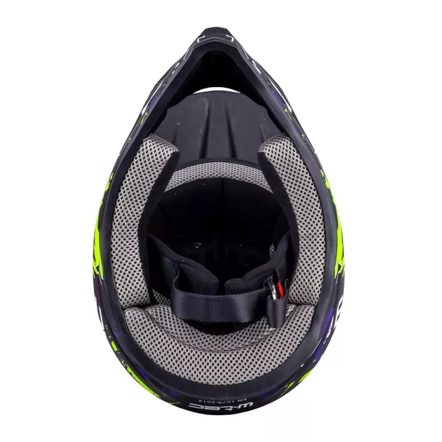 Kask downhillowy W-TEC Richpike ∙ full face ∙ 14 otworów wentylacyjnych ∙ regulowany daszek ∙ skorupa ABS ∙ lekki ∙ podwójne zapięcie - Różowa etykieta na czarnym