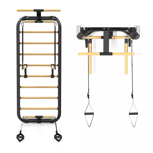Wielofunkcyjna drabinka gimnastyczna inSPORTline Wootkit 220×86 cm ∙ 8 szczebli ∙ nośność 150 kg ∙ stal/drewno bukowe ∙ drążek ∙ akcesoria
