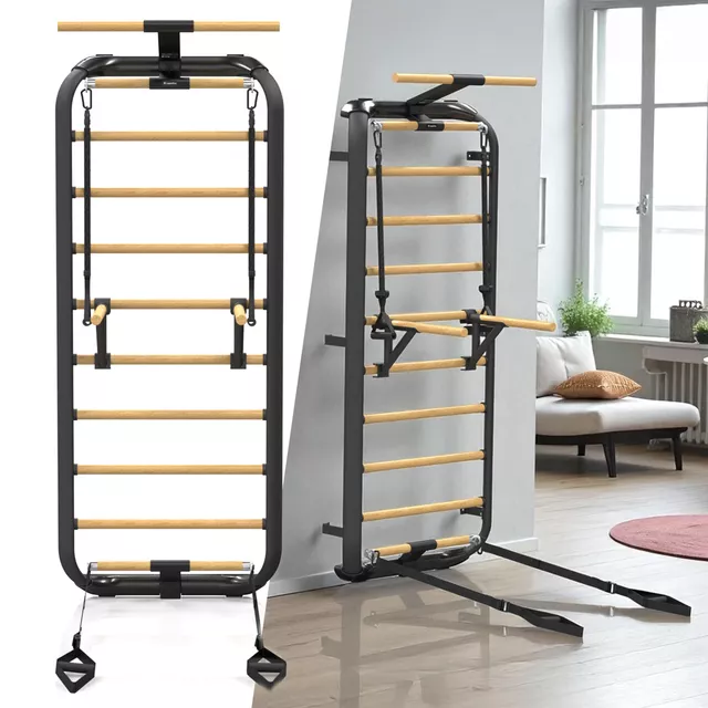 Wielofunkcyjna drabinka gimnastyczna inSPORTline Wootkit 220×86 cm ∙ 8 szczebli ∙ nośność 150 kg ∙ stal/drewno bukowe ∙ drążek ∙ akcesoria - Czarny