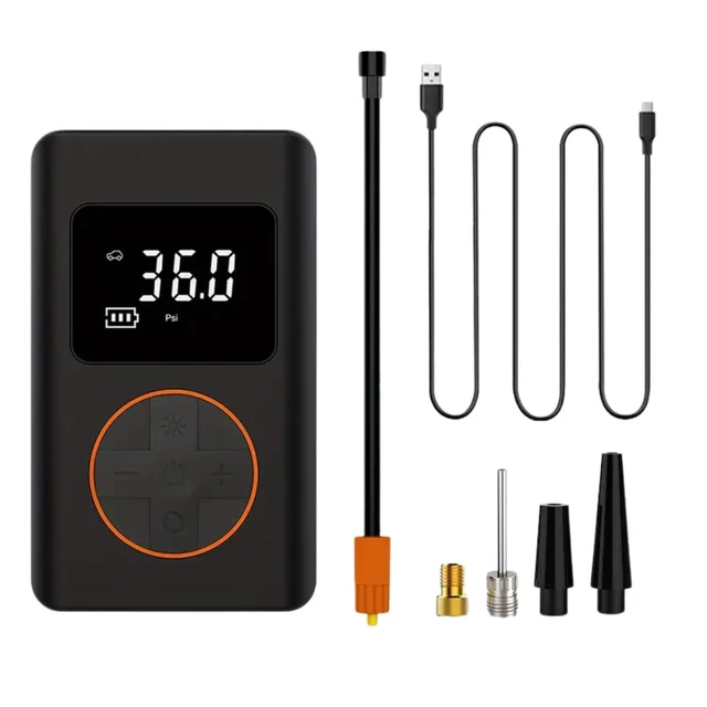 Pompka akumulatorowa z powerbankiem 2w1 inSPORTline Gaberila ∙ max 150 PSI ∙ 4000 mAh ∙ USB-C ∙ LED 2 tryby ∙ do aut/rowerów/piłeczek ∙ adaptery