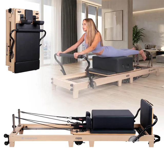 Reformer do pilatesu inSPORTline Driftaler ∙ nośność 120 kg ∙ rama dębowa ∙ składana ∙ z boxem w zestawie