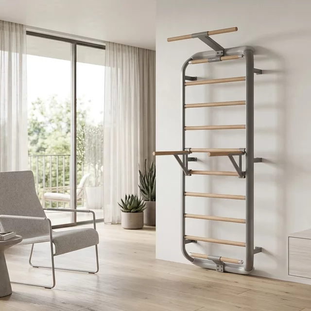 Wielofunkcyjna drabinka gimnastyczna inSPORTline Wootkit 220×86 cm ∙ 8 szczebli ∙ nośność 150 kg ∙ stal/drewno bukowe ∙ drążek ∙ akcesoria