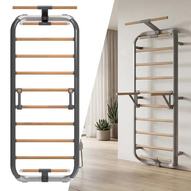 Wielofunkcyjna drabinka gimnastyczna inSPORTline Wootkit 220×86 cm ∙ 8 szczebli ∙ nośność 150 kg ∙ stal/drewno bukowe ∙ drążek ∙ akcesoria - Szary