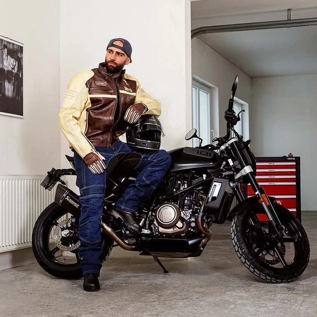 Męska skórzana kurtka motocyklowa W-TEC Retro - czarno-brązowo-beżowy